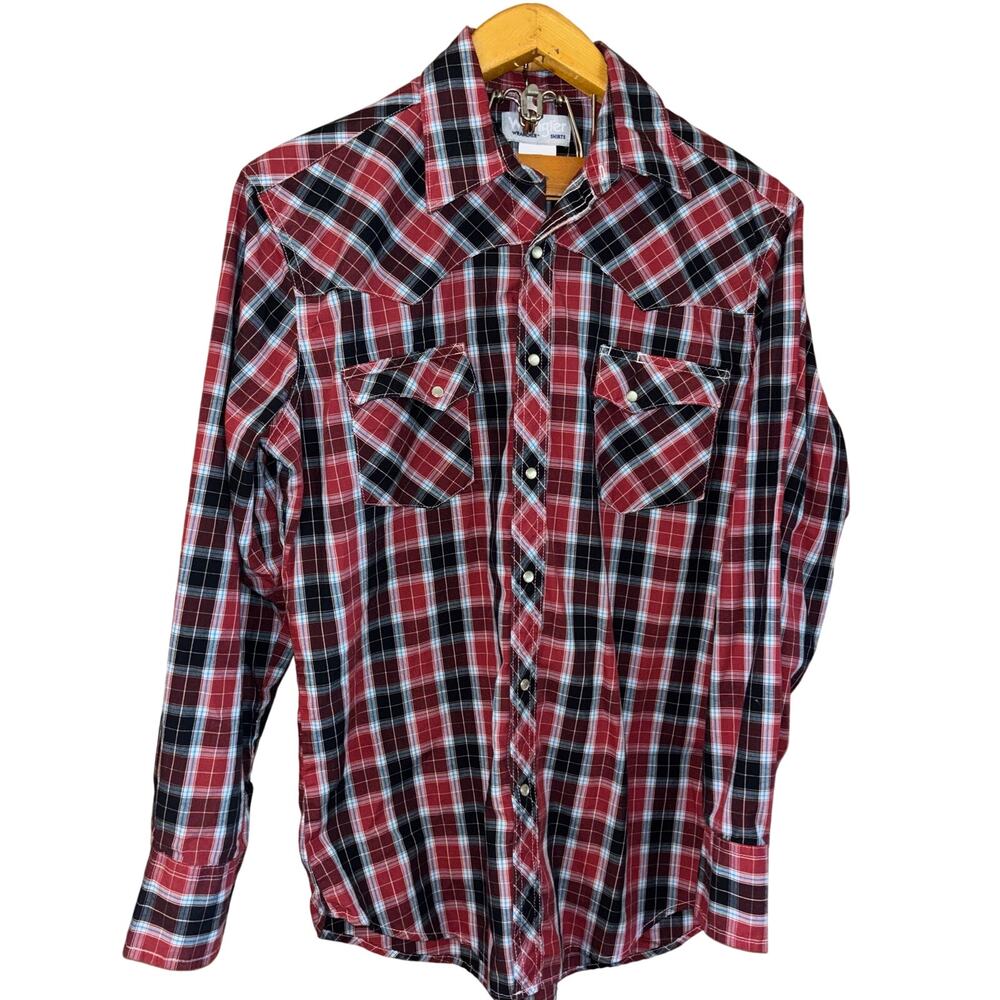 Vintage Wrangler Wrancher shirts long sleeve pearl snap red black plaid medium